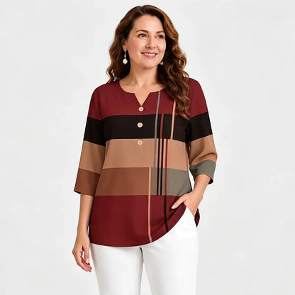 Blusa estampada de cuello en V y talla grande: corte holgado, manga corta y diseño floral; una blusa ligera para mujer con efecto reductor en la cintura.