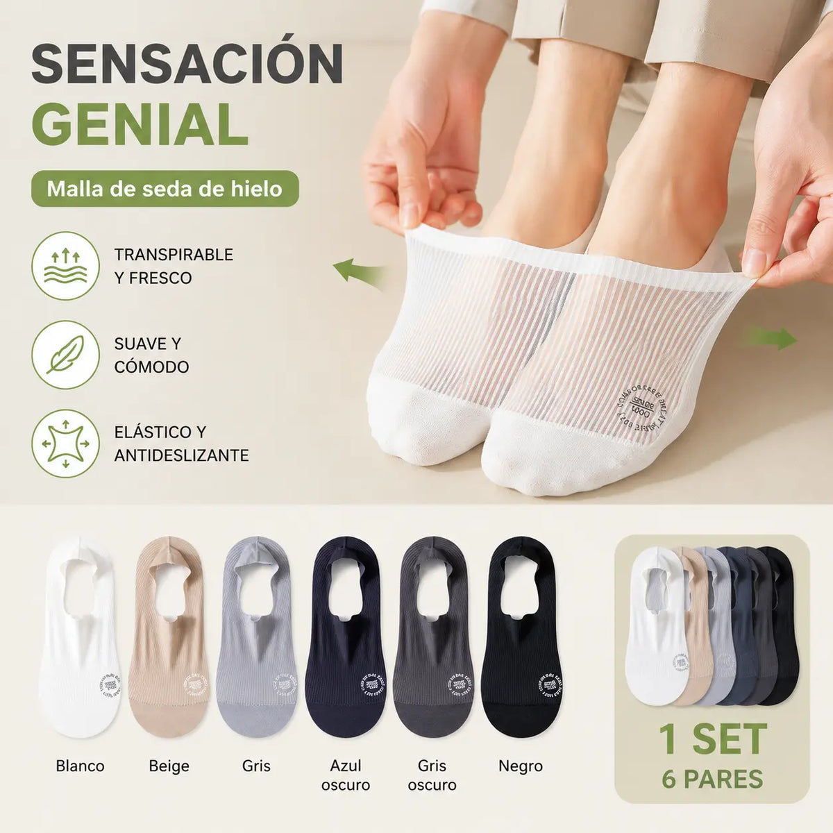 🧦Paquete de 6 pares🧦 Calcetines invisibles para hombre: ¡Frescos, antideslizantes, transpirables y aptos para todas las estaciones!