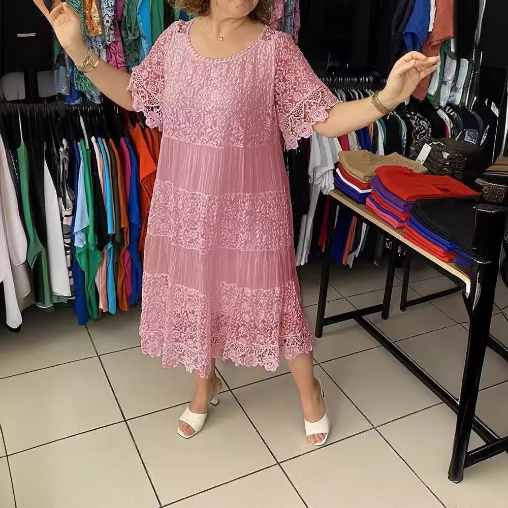 🔥【50% DE DESCUENTO】✨✨✨【S-5XL】Nuevo vestido de manga corta para 2026, con cuello redondo y encaje.