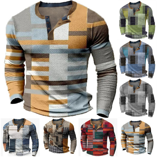 🌴🌈【S-4XL】👔😍 Nueva colección de camisas para hombre con estampado, de manga larga, estilo relajado Henry, disponibles en varios colores.