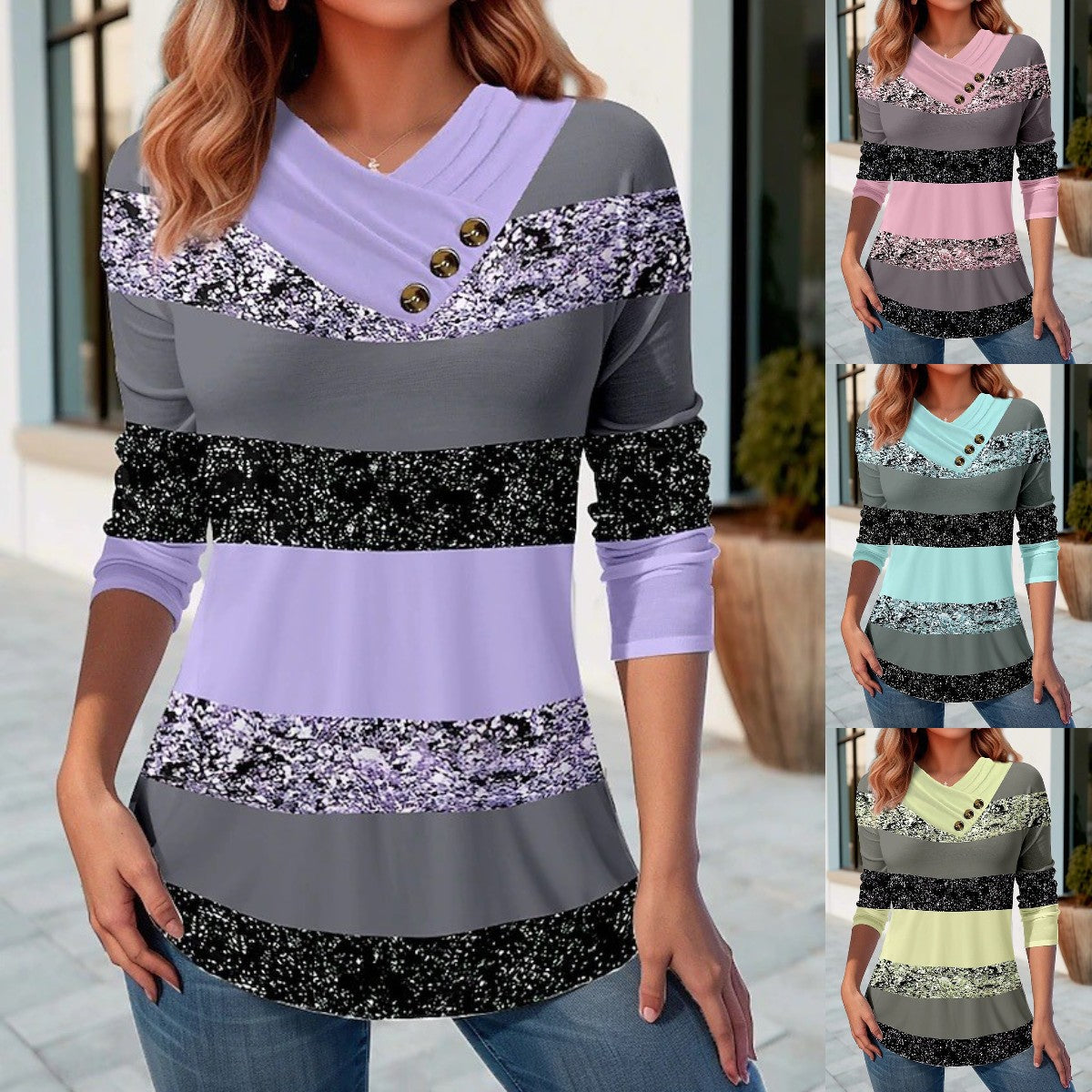 【Kupte 1 a získejte 1 zdarma】✨【S-5XL】Dámské nové podzim-zima kontrastní barva V-neck dlouhý rukáv topy Starry Sky prvky + klasické pruhy_3826374