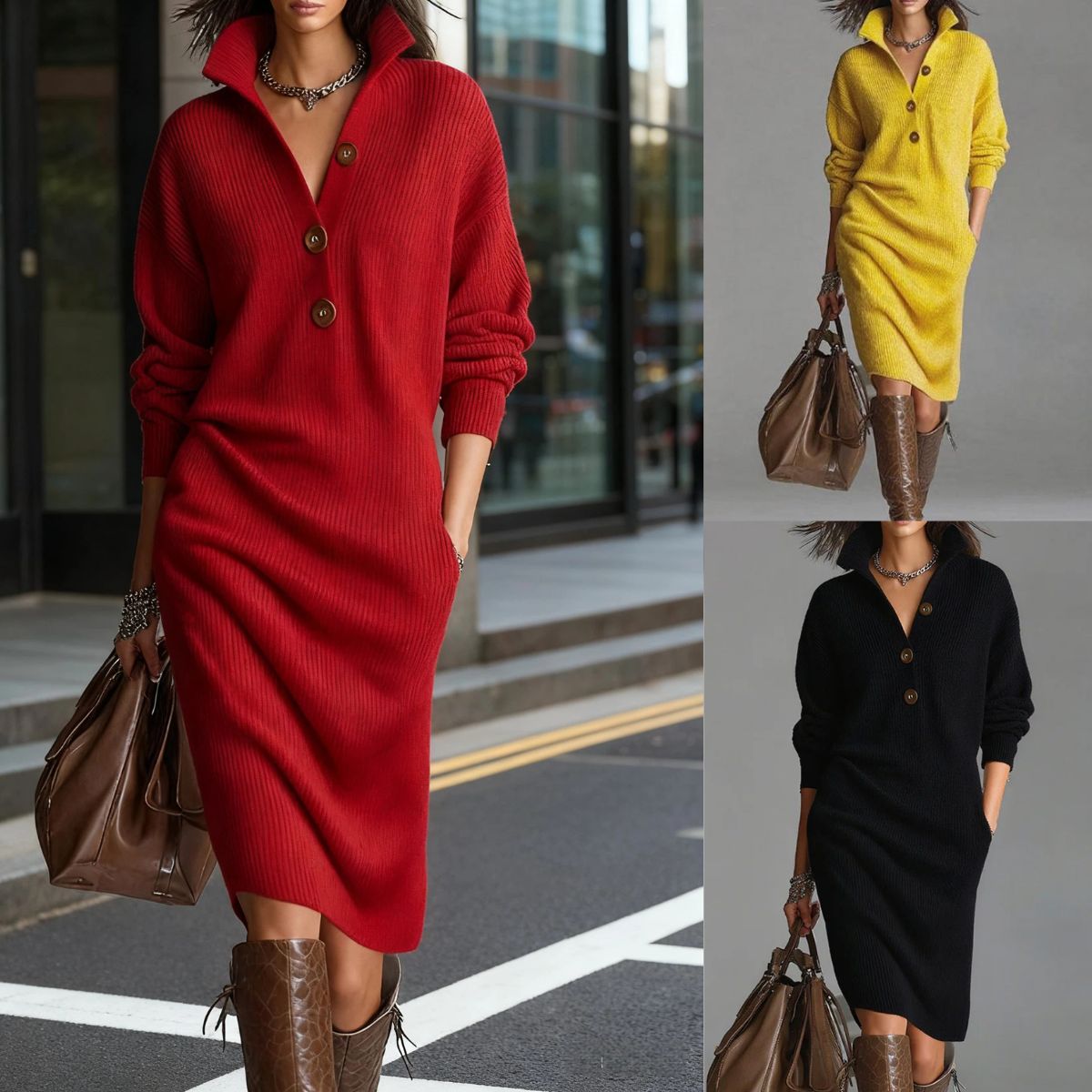 🔥【S-3XL】2025 Új európai és amerikai stílusú galléros kötött ruha_4166546