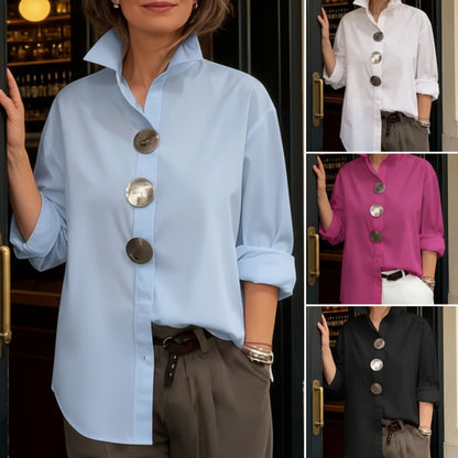 Elegáns ⏰ Új érkezés 2026 🤩 Stílusos és elegáns ❤️ 👉 【S-3XL】Pamut-len keverék ing, állógalléros kialakítással, fém gombokkal