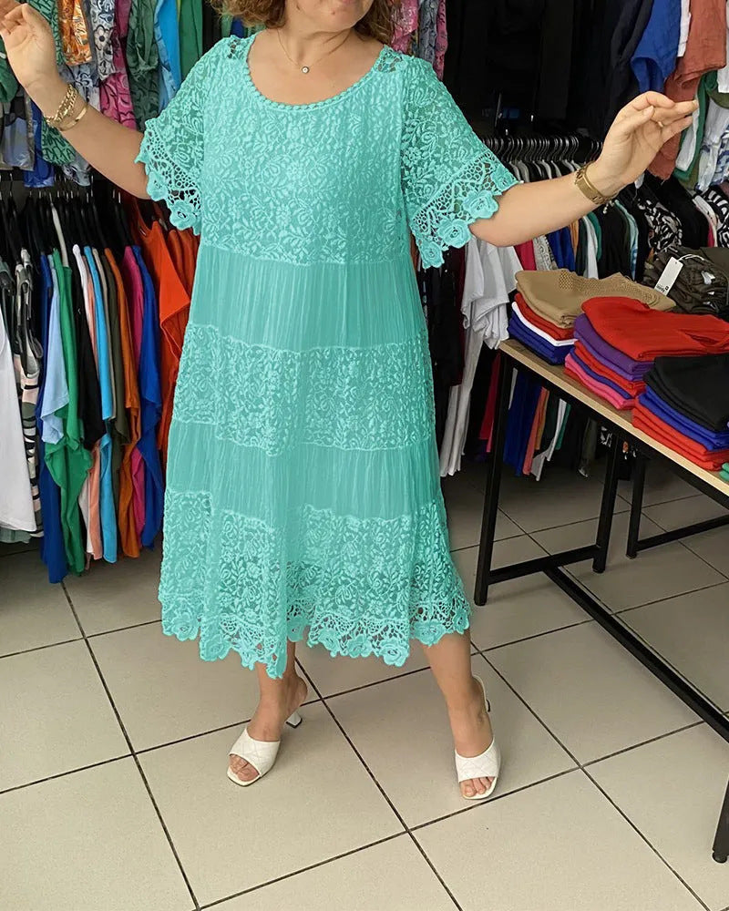 🔥【50% DE DESCUENTO】✨✨✨【S-5XL】Nuevo vestido de manga corta para 2026, con cuello redondo y encaje.