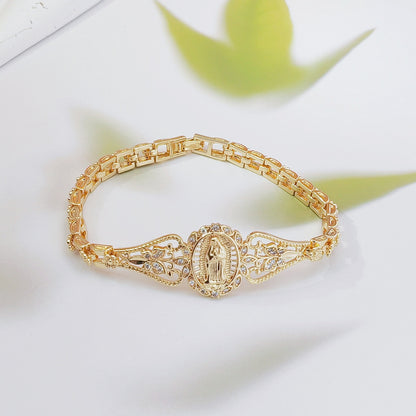 Pulsera de la Virgen María con flores caladas en oro