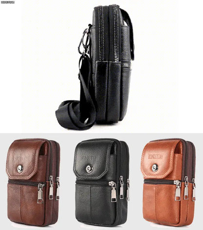 Riñonera/bolso para teléfono móvil de estilo retro para hombre, confeccionado en piel de vacuno de grano superior seleccionada, resistente al desgaste e impermeable.