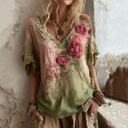 💕 Blusa elegante con cuello en V profundo y estampado floral 【Oferta limitada: compra uno y llévate otro gratis】 Tallas S-4XL _4240013
