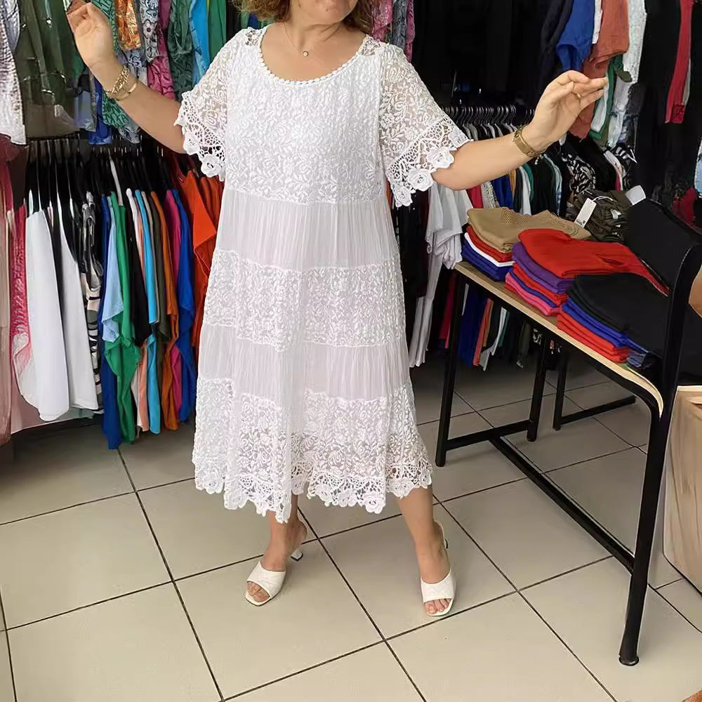 🔥【50% DE DESCUENTO】✨✨✨【S-5XL】Nuevo vestido de manga corta para 2026, con cuello redondo y encaje.