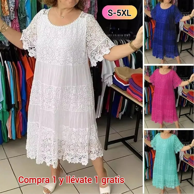 🔥【50% DE DESCUENTO】✨✨✨【S-5XL】Nuevo vestido de manga corta para 2026, con cuello redondo y encaje.
