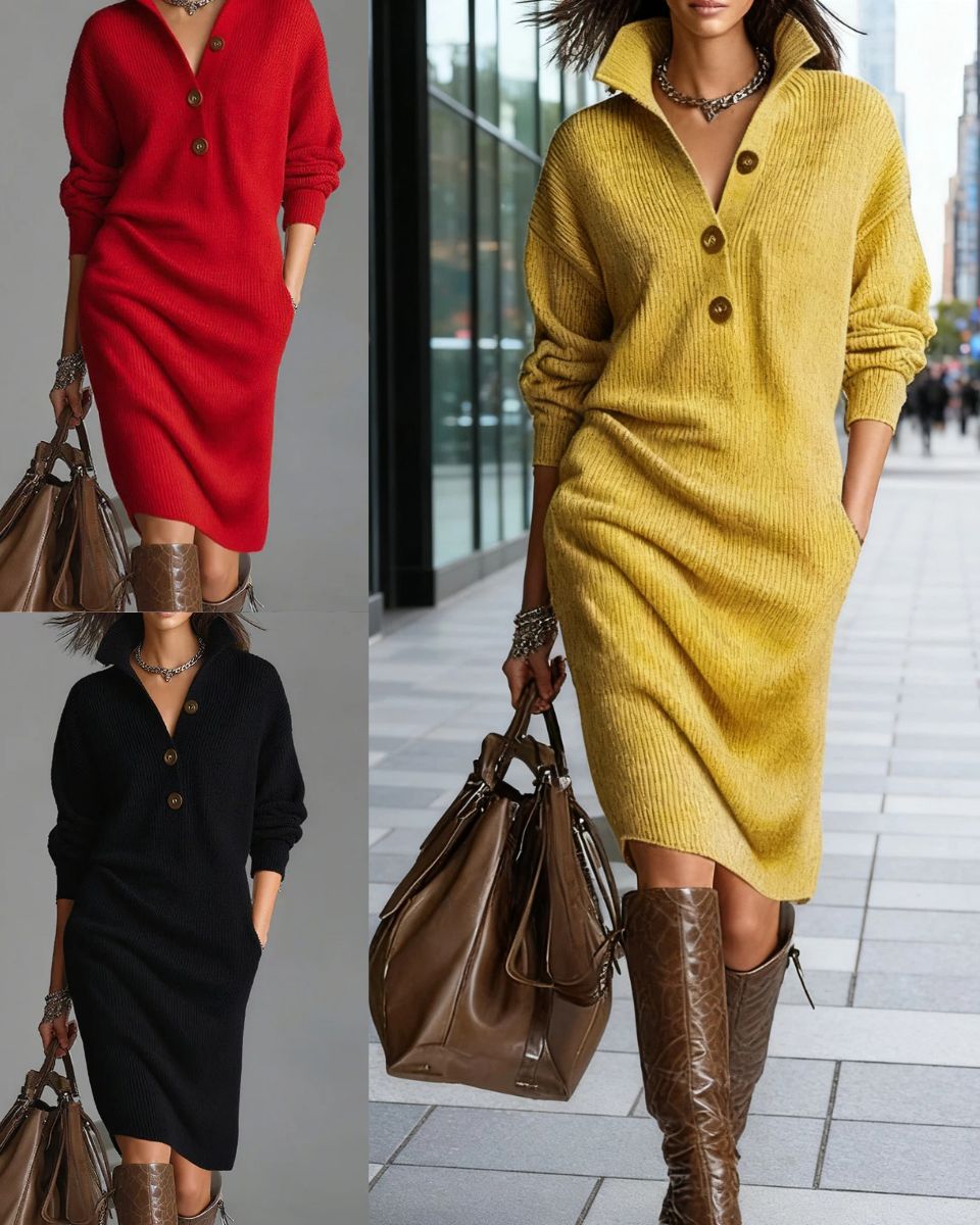 🔥【S-3XL】2025 Új európai és amerikai stílusú galléros kötött ruha_4166546