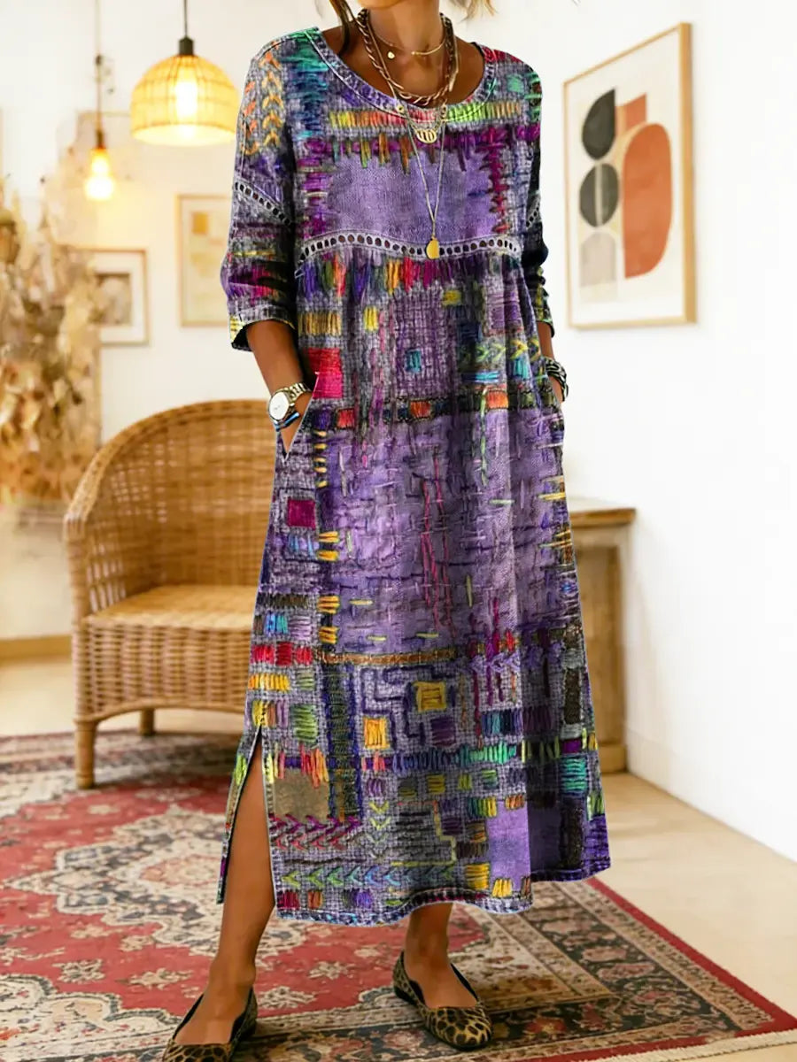 💟【S-5XL】Vestido de algodón para mujer con estampado étnico y patchwork, con ribete de encaje.✅️Pago contra entrega