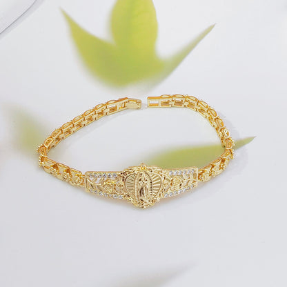 Pulsera de la Virgen María con flores caladas en oro