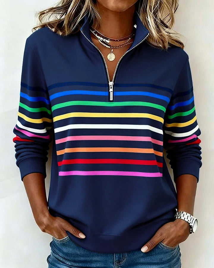 🔥✨【S-5XL】😀👉Sudadera elegante con cuello, rayas arcoíris y cremallera