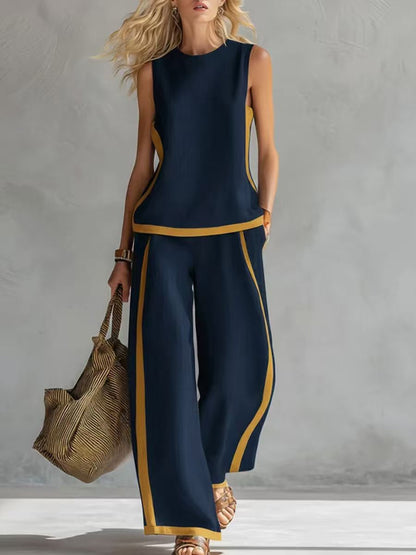 🔥 ¡Nueva llegada de verano! 😍 2026 Nuevo conjunto moderno de dos piezas para mujer: top sin mangas con detalles en contraste y pantalones de pierna ancha - Estilo veraniego, casual y chic.