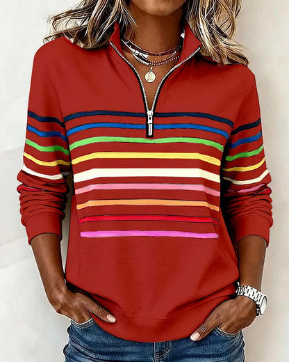 🔥✨【S-5XL】😀👉Sudadera elegante con cuello, rayas arcoíris y cremallera