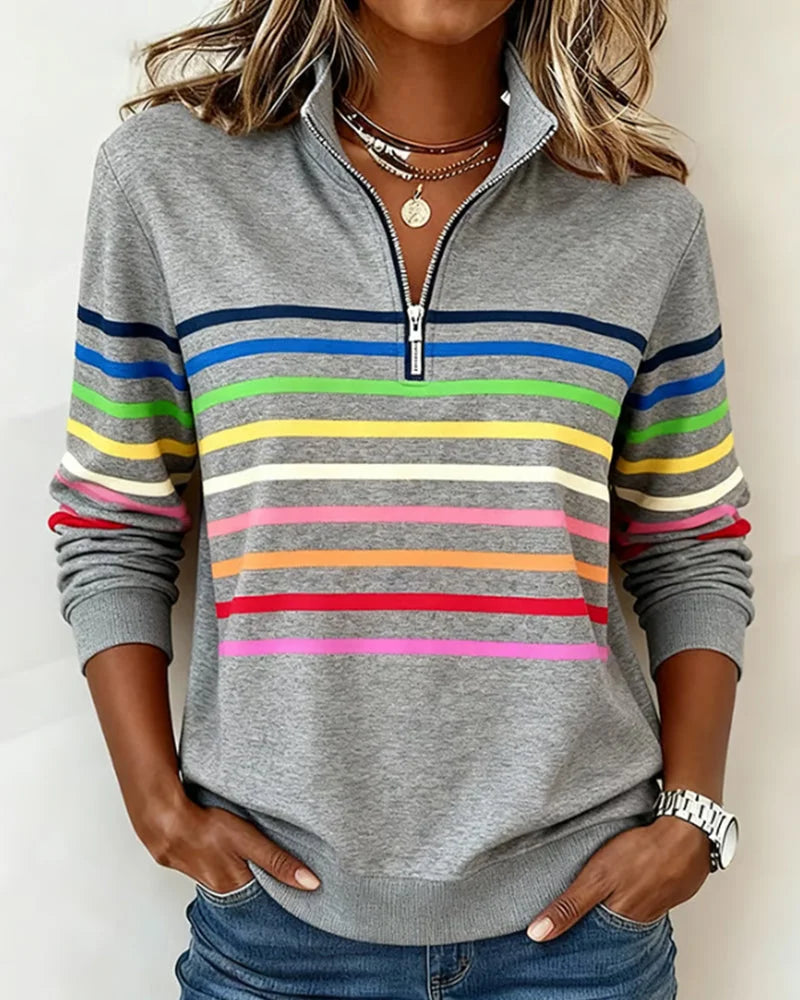 🔥✨【S-5XL】😀👉Sudadera elegante con cuello, rayas arcoíris y cremallera