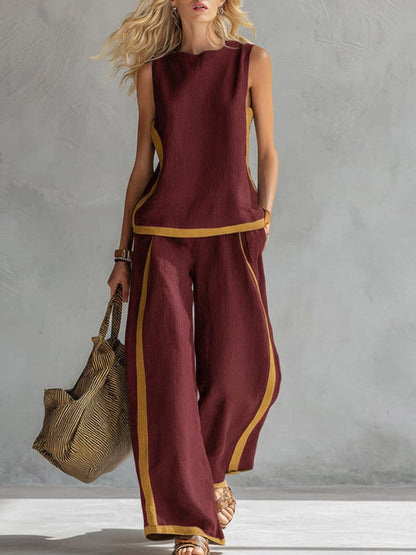🔥 ¡Nueva llegada de verano! 😍 2026 Nuevo conjunto moderno de dos piezas para mujer: top sin mangas con detalles en contraste y pantalones de pierna ancha - Estilo veraniego, casual y chic.