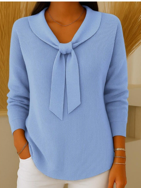 💐【S~5XL】Sweter damski w jednolitym kolorze z wiązaniem i długim rękawem, swobodny i luźny