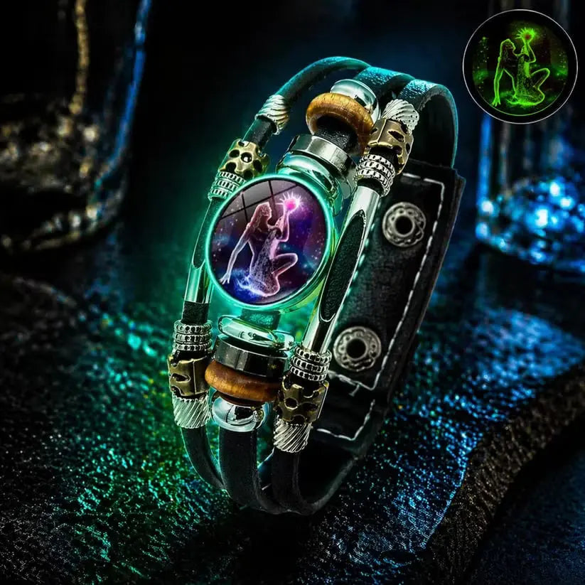 🌙 Svetleča usnjena zapestnica z zodiakalnim simbolom – 3-plastna pletenica, nastavljiva dolžina, unisex 💫✨