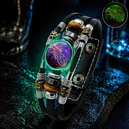 🌙 Svetleča usnjena zapestnica z zodiakalnim simbolom – 3-plastna pletenica, nastavljiva dolžina, unisex 💫✨