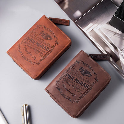 🔥🔥【Disponible en 4 colores】 Cartera de hombre de cuero genuino estilo retro, hecha a mano, con cremallera y ranura para varias tarjetas.