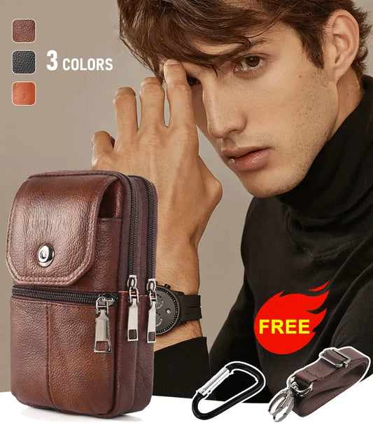Riñonera/bolso para teléfono móvil de estilo retro para hombre, confeccionado en piel de vacuno de grano superior seleccionada, resistente al desgaste e impermeable.