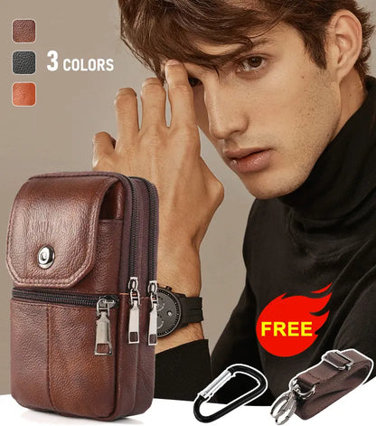 Riñonera/bolso para teléfono móvil de estilo retro para hombre, confeccionado en piel de vacuno de grano superior seleccionada, resistente al desgaste e impermeable.