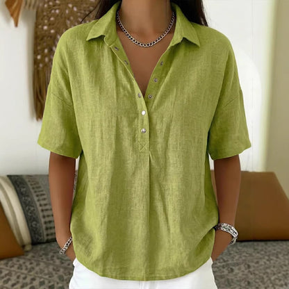 ⏳ Último día, -50%【S–3XL】Camisa mujer de algodón y lino manga corta, corte entallado, transpirable y cómoda, fácil de combinar