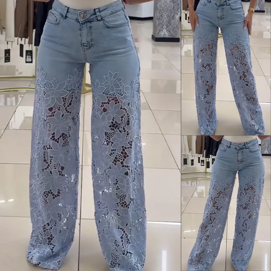 💥 Výprodej 💥👖 Moderní džíny s krajkovými nášivkami