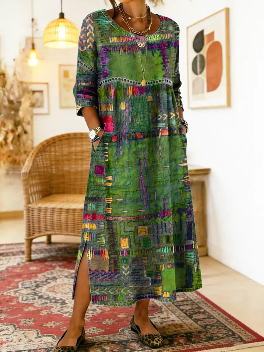 💟【S-5XL】Vestido de algodón para mujer con estampado étnico y patchwork, con ribete de encaje.✅️Pago contra entrega